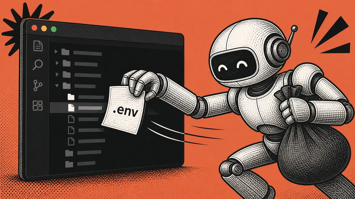 An AI coding agent pulling a sensitive .env file out of a developer's code workspace